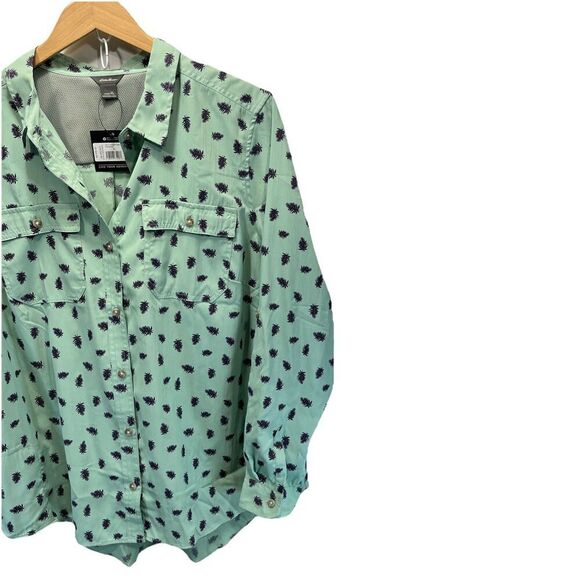 Eddie Bauer Adventurer 3.0 Green Leaf Print Blouse RollTab Button XL Outdoor New - Picture 12 of 15